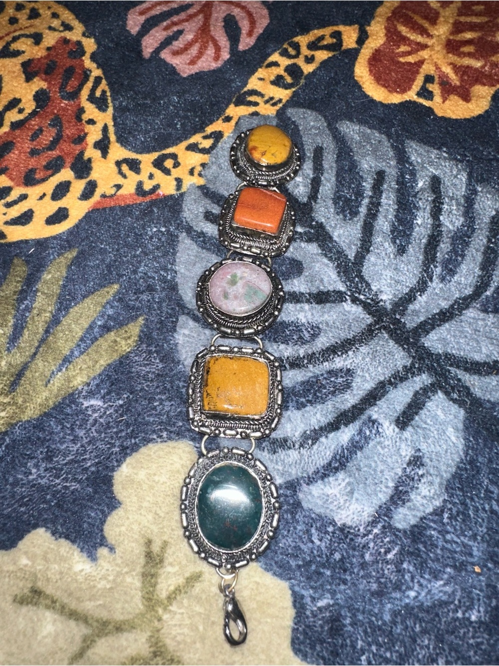 Vintage 1970s Silver Tone Real Stone Chunky Cabochon Bracelet